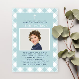 Aqua Gingham Plaid First Communion Boy Photo Invitation