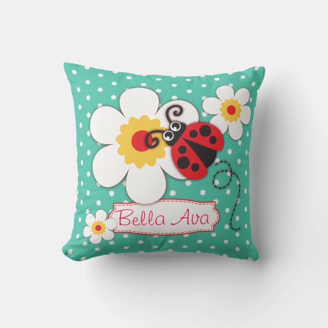 Aqua girls ladybug name flower polka dot pillow (Front)