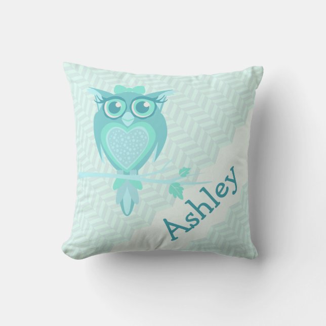 Aqua girls named owl chervon cushion pillow (Front)