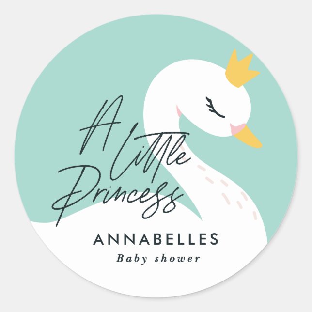 Aqua girly elegant beautiful swan baby shower classic round sticker (Front)