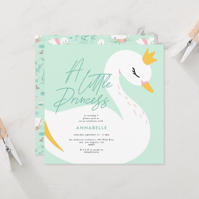 Aqua girly elegant photo beautiful swan children invitation (Front/Back In Situ)