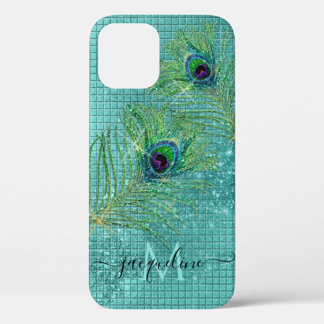 Aqua Girly Gold Glitter Peacock Feathers Monogram Case-Mate iPhone Case (Back)