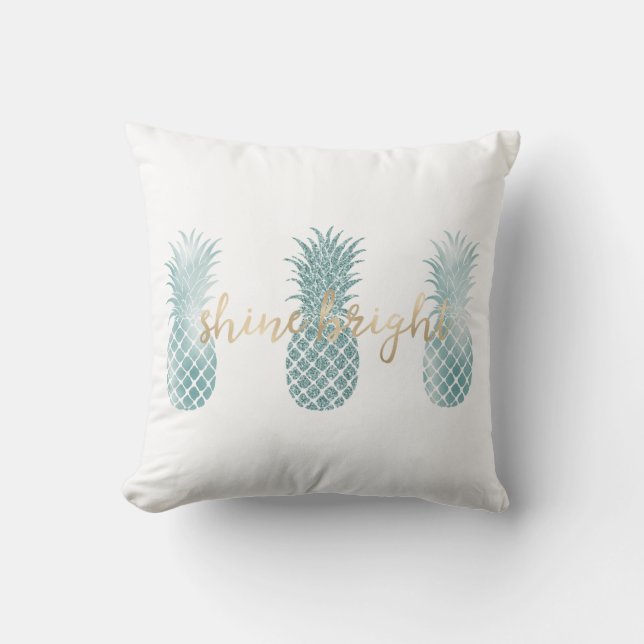 Aqua Glam Glitzy Pineapples Throw Pillow (Front)