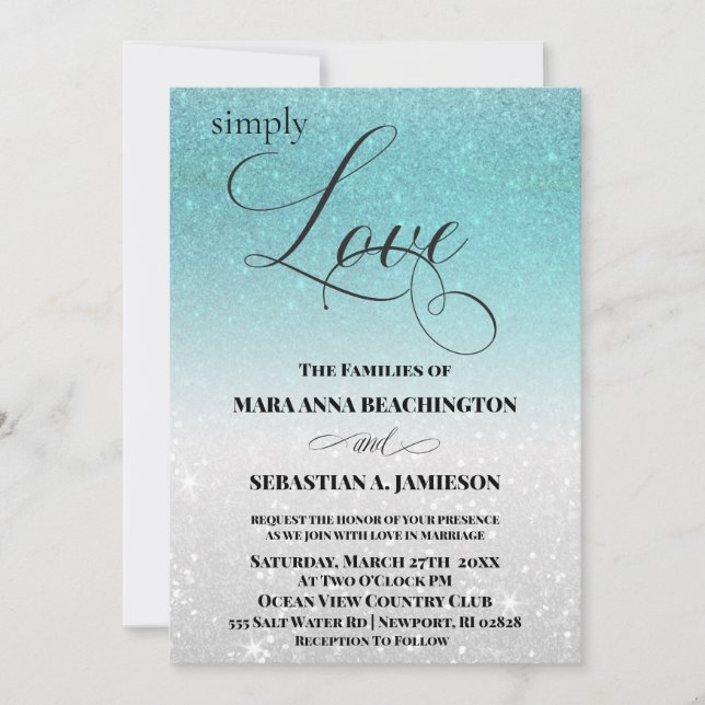 *~* Aqua Glitter Beach Destination Wedding Invitation (Front)