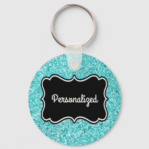 Aqua Glitter Black and White Personalized Frame Keychain