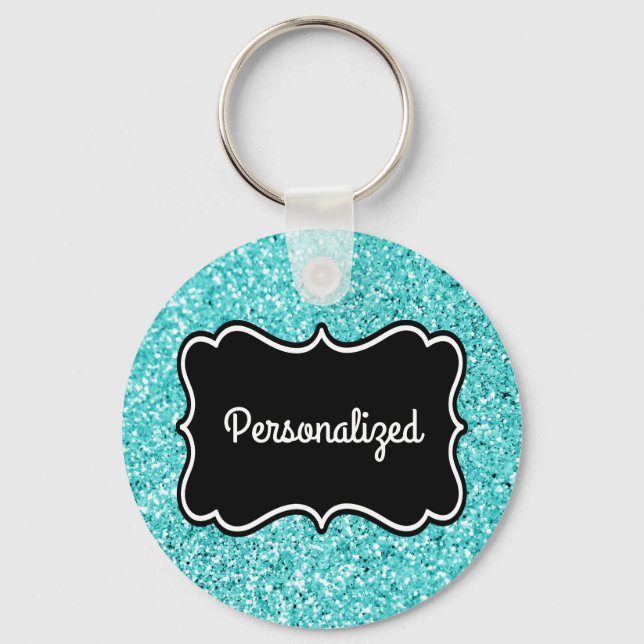 Aqua Glitter Black and White Personalized Frame Keychain (Front)