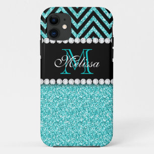 AQUA GLITTER BLACK CHEVRON MONOGRAM iPhone 11 CASE