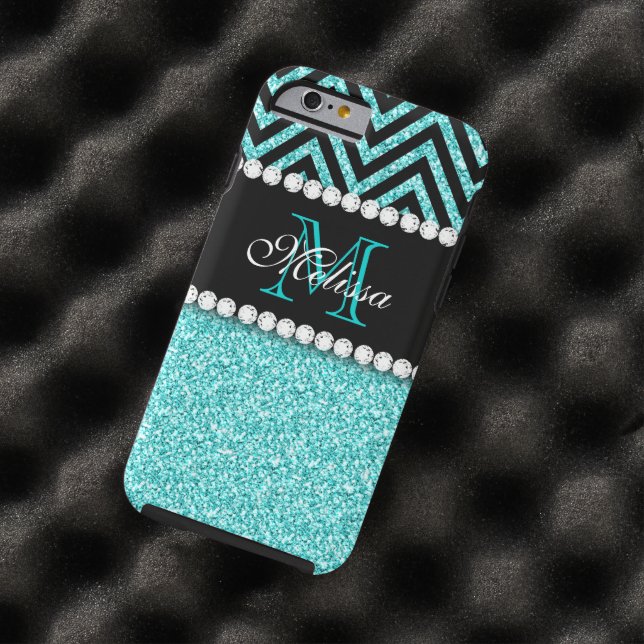 AQUA GLITTER BLACK CHEVRON MONOGRAM Case-Mate iPhone CASE (In Situ)