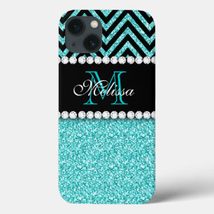 AQUA GLITTER BLACK CHEVRON MONOGRAM iPhone 13 CASE