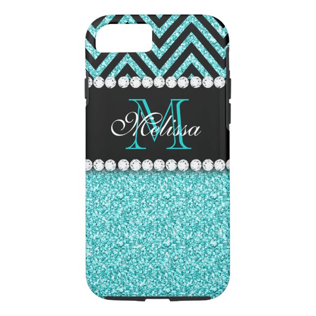 AQUA GLITTER BLACK CHEVRON MONOGRAM Case-Mate iPhone CASE (Back)