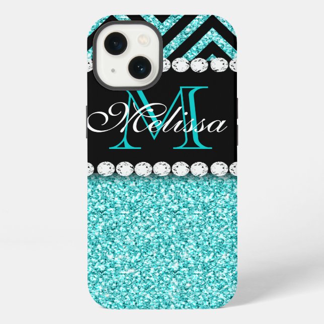 AQUA GLITTER BLACK CHEVRON MONOGRAM iPhone CASE (Back)