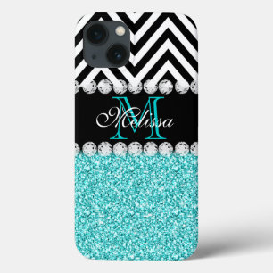 AQUA GLITTER BLACK CHEVRON MONOGRAMMED iPhone 13 CASE