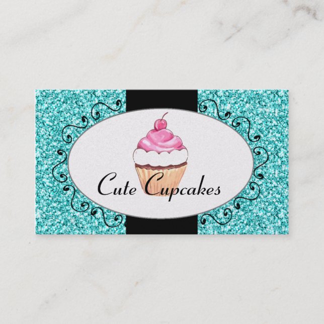 Aqua Glitter Cute Cupcake Bakery Business Card (Front)