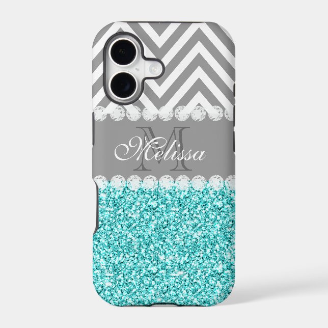 AQUA GLITTER, GRAY CHEVRON, MONOGRAMMED (Back)