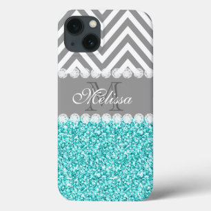AQUA GLITTER, GRAY CHEVRON, MONOGRAMMED iPhone 13 CASE
