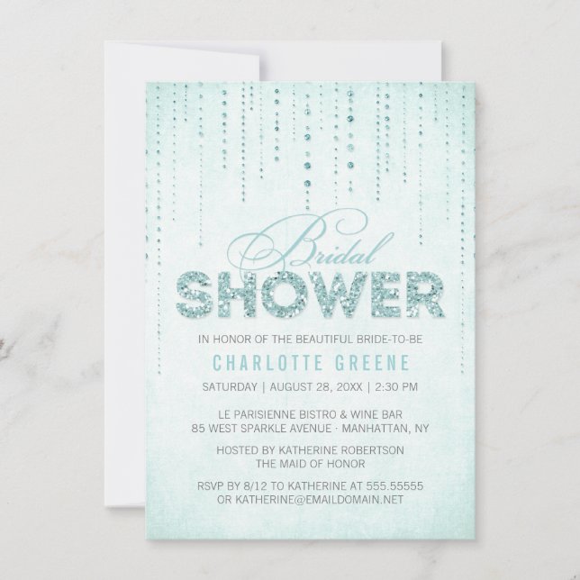 Aqua Glitter Look Bridal Shower - 4.5" x 6.25" Invitation (Front)