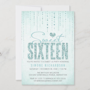 Aqua Glitter Look Sweet 16 (Sixteen) Party Invitation