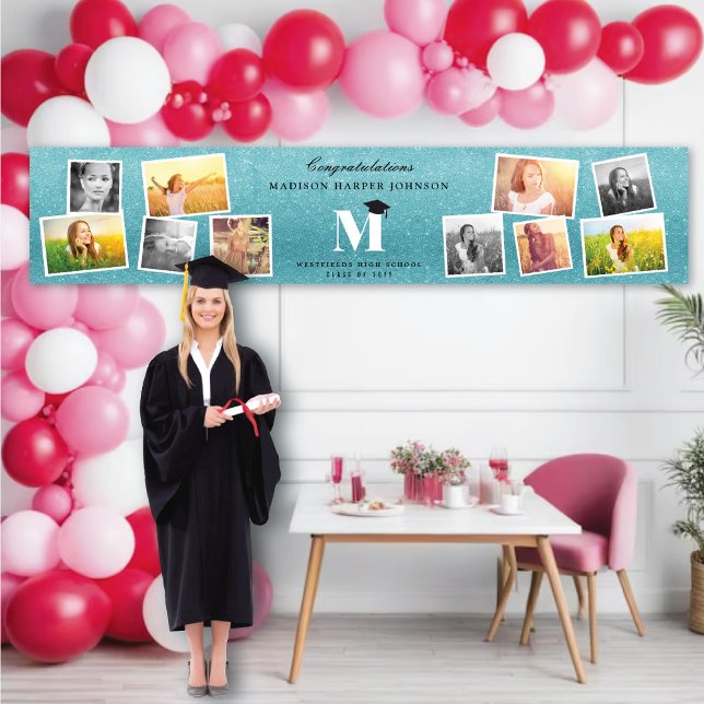 Aqua Glitter Monogram 10 Photo Graduation Party Banner (Teal Glitter Name Monogram Stylish 10 Photo Graduation Party Banner @ www.zazzle.com/color_therapy)