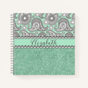 Aqua Glitter Paisley Rhinestone Personalize Notebook