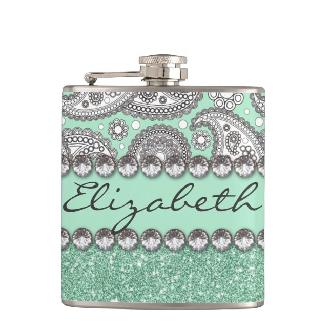 Aqua Glitter Paisley Rhinestone Print Pattern Hip Flask (Front)