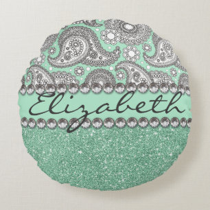 Aqua Glitter Paisley Rhinestone Print Pattern Round Pillow
