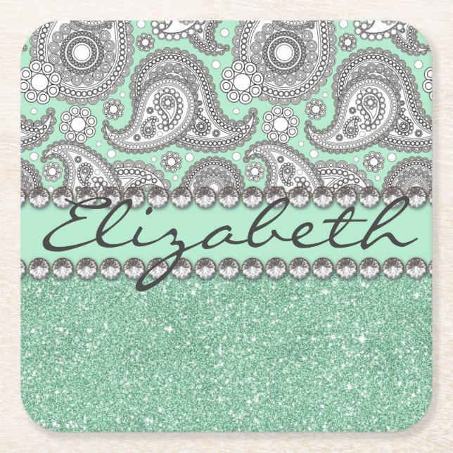 Aqua Glitter Paisley Rhinestone Print Pattern Square Paper Coaster (Front)