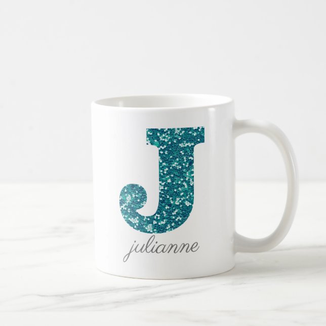 Aqua Glitter Pattern Letter J name Mug (Right)