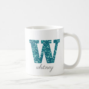 Aqua Glitter Pattern Letter W name Mug