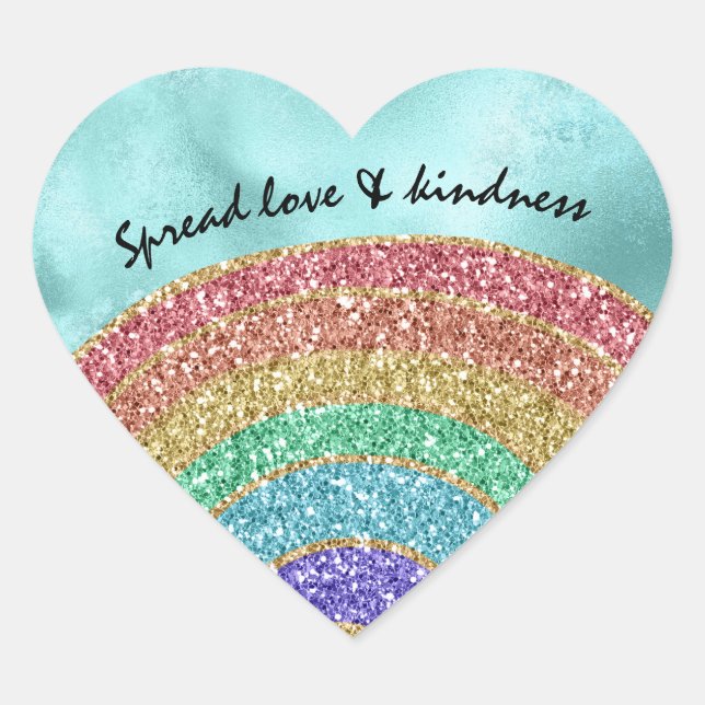 Aqua Glitter Sparkle Gold Rainbow     Heart Sticker (Front)
