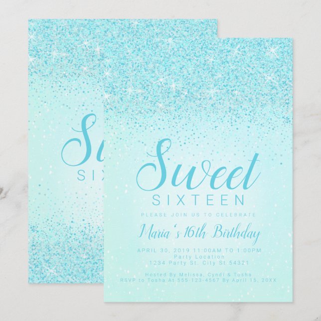 Aqua Glitter, Sweet 16 Invitations (Front/Back)