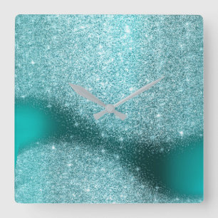 Aqua Glitter Teal Metal Glass Grey Minimal Square Wall Clock