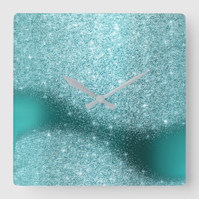 Aqua Glitter Teal Metal Glass Grey Minimal Square Wall Clock (Front)