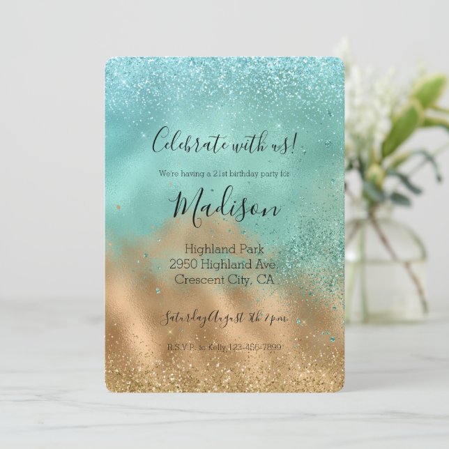  Aqua Glitz Gold Glitter      Invitation (Standing Front)