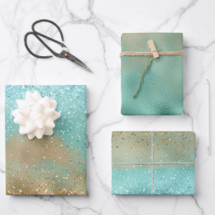  Aqua Glitz Gold Glitter               Wrapping Paper Sheet
