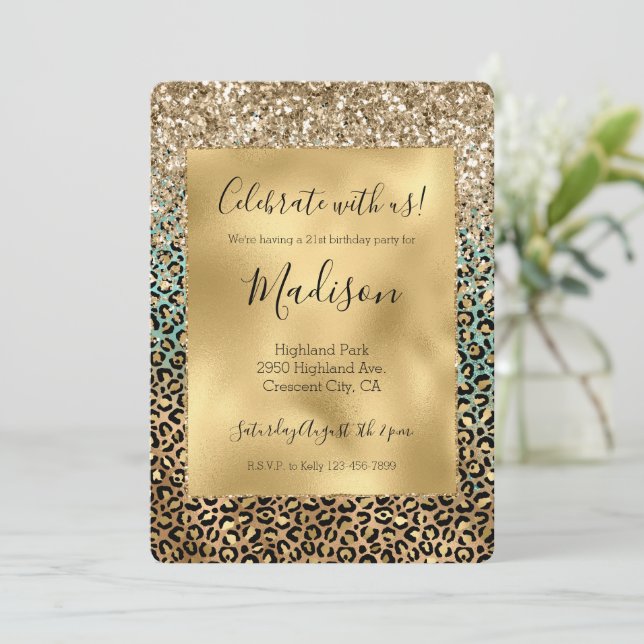  Aqua Glitz Gold Leopard Print Glitter    Invitation (Standing Front)