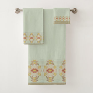 Aqua Gold And Brown Floral Bath Towel Set