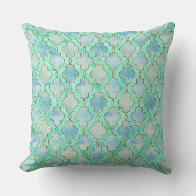 Aqua gold and Green Maroccan pattern Throw Pillow (Front)
