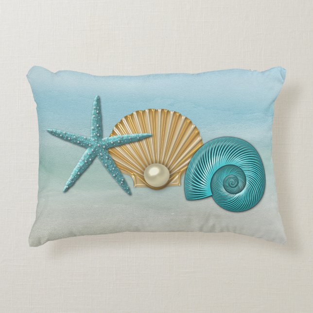 Aqua & Gold Assorted Seashells Beach Accent Pillow (Front)