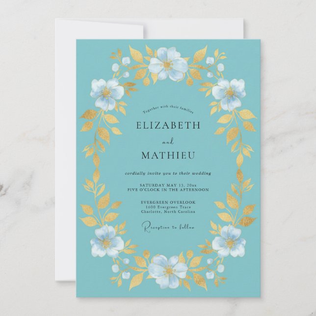 Aqua Gold Botanical Wedding Invitation (Front)