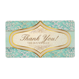 Aqua Gold Damask Cream Wedding Label Thank You