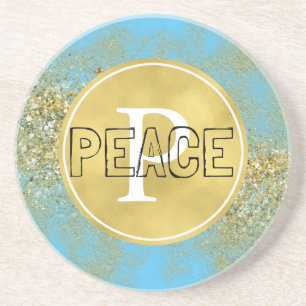 Aqua Gold Faux Glitter Peace Monogram Coaster