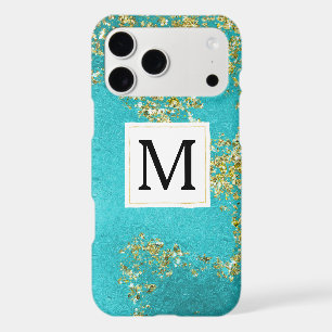 Aqua Gold Faux Sparkly Glitter Monogram