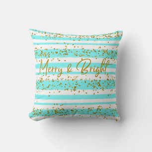 Aqua Gold Glitter Confetti Merry & Bright Throw Pillow