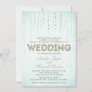 Aqua & Gold Glitter Look Wedding Invitation