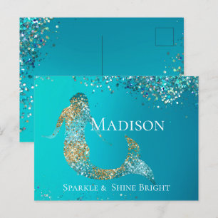 Aqua Gold Glitter Sparkle Mermaid Postcard