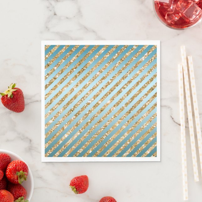 Aqua Gold Glitter Stripes Napkin (Insitu)