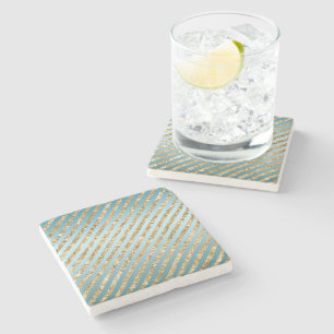 Aqua Gold Glitter Stripes Stone Coaster