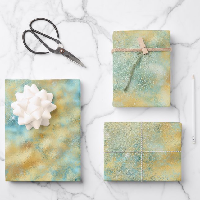  Aqua Gold Glitz Sparkle    Wrapping Paper Sheet (Front)