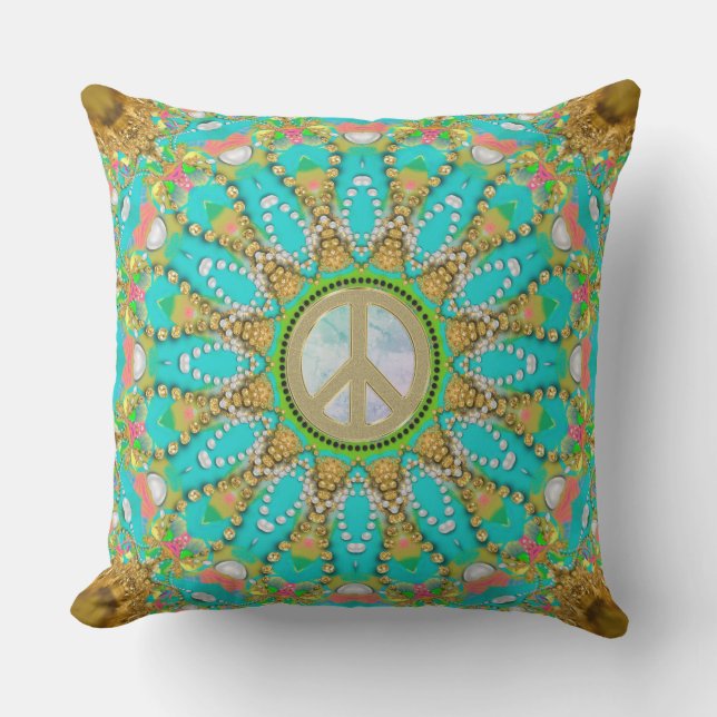 Aqua Gold Groovy Glam Peace Mandala Outdoor Pillow (Front)