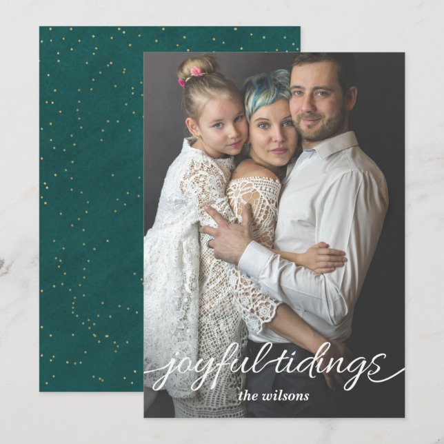 Aqua Gold Joyful Tidings Script Custom Photo Holiday Card (Front/Back)